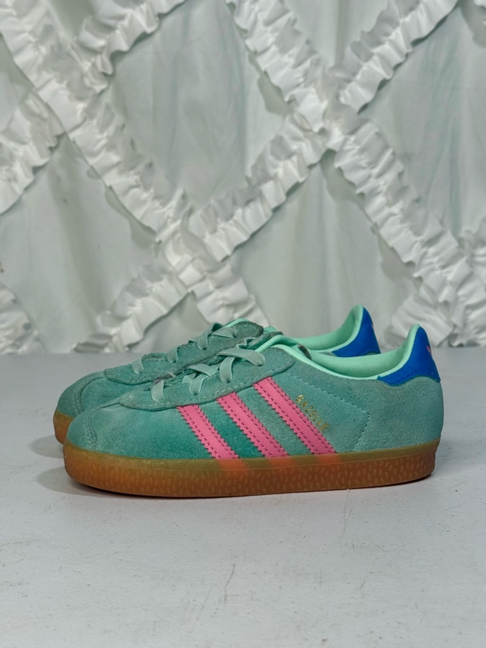 Adidas Gazelle Clear Mint, Bliss Pink Clear Blue size 10k